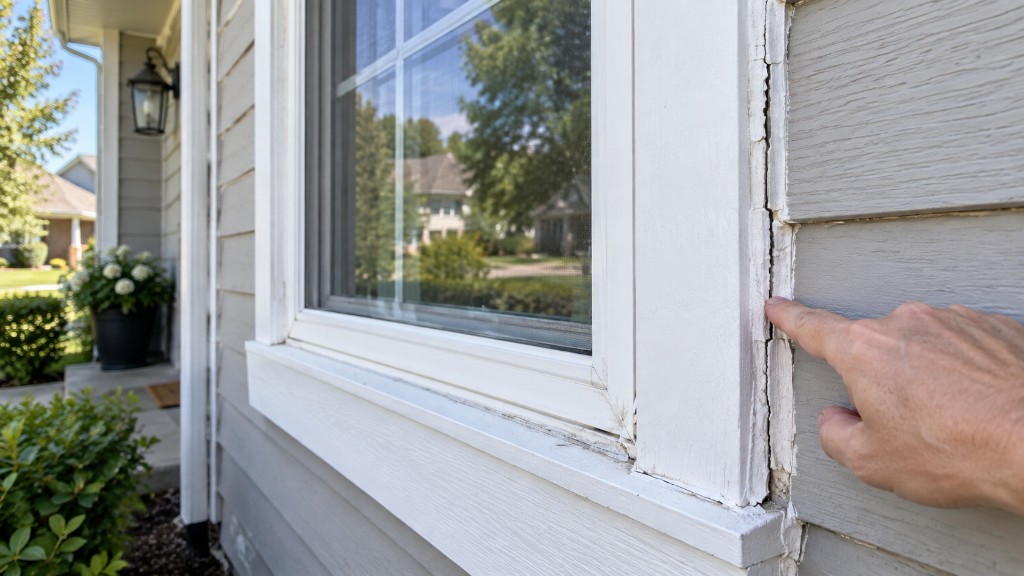 Checking exterior caulking around a window for cracks and gaps