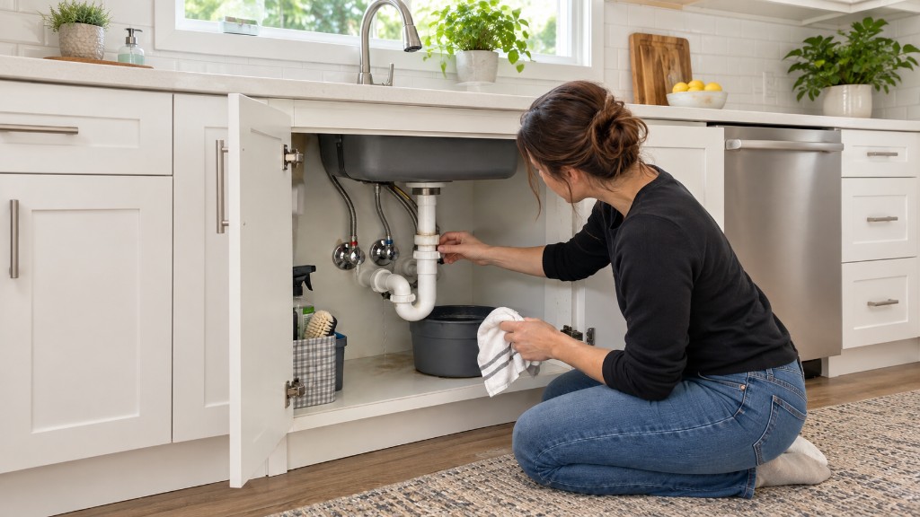 Woman kneeling to inspect plumbing under a kitchen sink