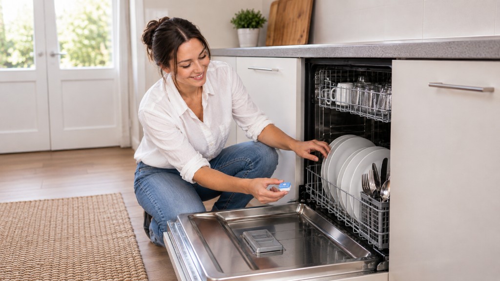 Smiling woman loading a modern dishwasher with a detergent pod