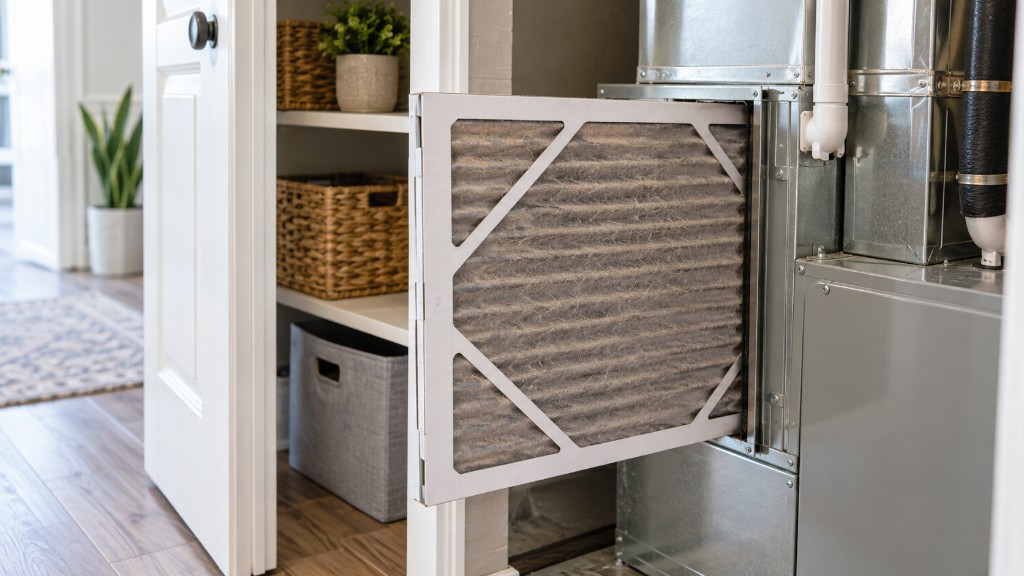 Dirty HVAC air filter being pulled from a furnace in a utility closet