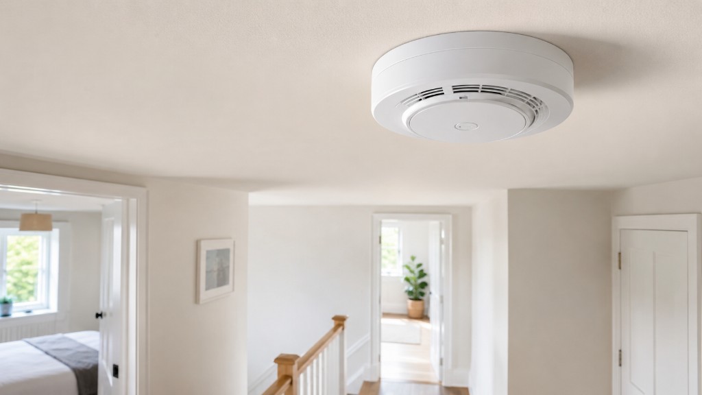 White smoke alarm mounted on a hallway ceiling
