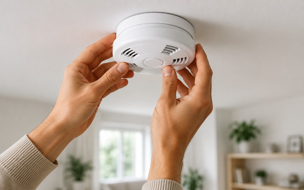 Hands installing a smoke alarm on a ceiling