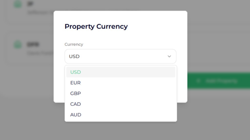 Property Currency settings dialog in House Passports
