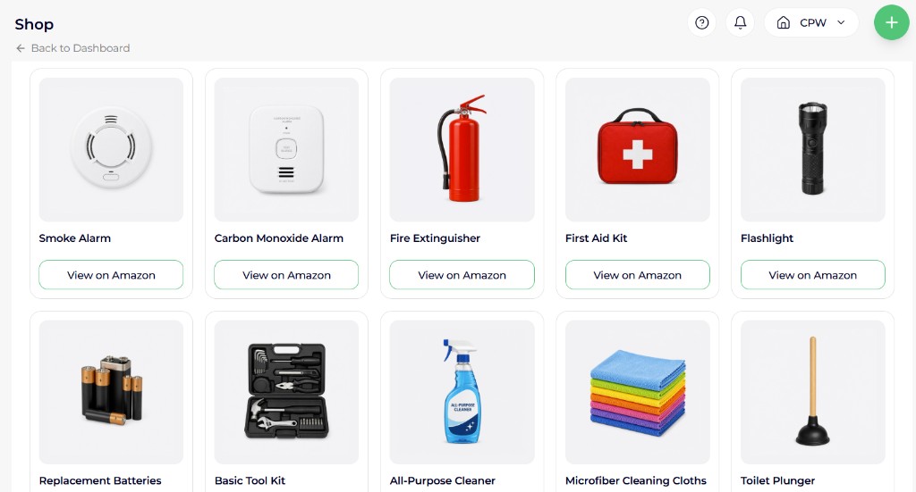Shop in House Passports showing Property Essentials such as smoke alarms, fire extinguishers, and first aid kits, each with a View on Amazon button